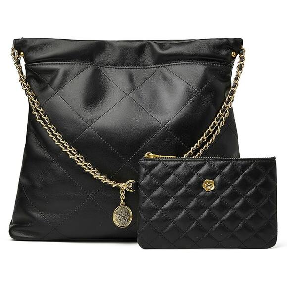 New Doris & Jacky Black Soft Lambskin Quilted Pouch Wallet Purse Handbag Set - Picture 1 of 6